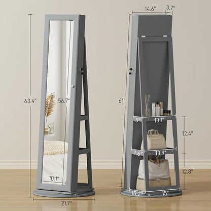 HOMCOM 360° Swivel Jewelry Cabinet, Lockable Jewelry Armoire Organizer with Full-Length Mirror, Back Storage Shelves, Interior Small Mirror, for Bedroom Living Room, Gray
