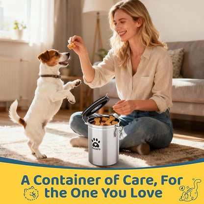 Dog Treat Container Airtight- 7.2"x4.7" /1.8L Stainless Steel Cat Treat Jar for Kitchen Counter with Scoop, Pet Storage for Fresh Dog Cookie