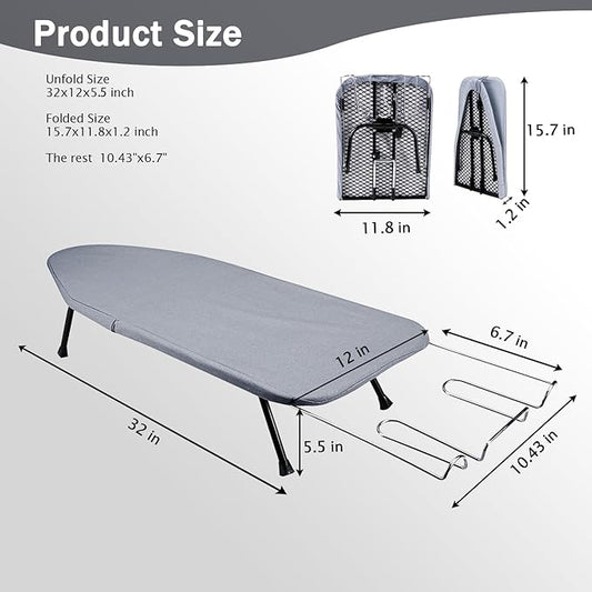 SheeChung Small Tabletop Ironing Board 32" Lx12 W,Folding Ironing Board with Iron Rest,Mesh Metal Base,Cotton Cover,Hook for Hanging,Portable Mini Iron Board for Sewing Craft Room Dorm,Grey Blue