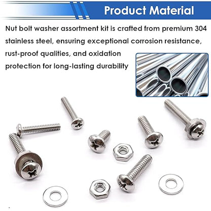 smseace 730Pcs 304 Stainless Steel Machine Screws Assortment Kit#10-24#8-32#6-32#4-40 Phillips Pan Head Assorted Nuts and Bolts for Machinery, Furniture, Automotive, Motorcycle Repairs