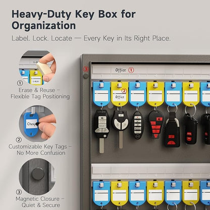 WeHere 48 Key Lock Box, Wall Mounted Key Cabinet with 3-Digit Combination Lock & Backup Key, Key Storage Box for School, Office, Rental, Property Management, Include Key Tags