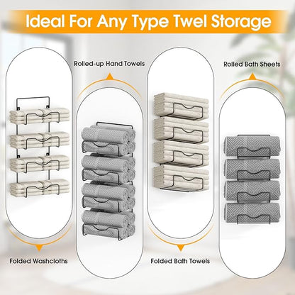Towel Racks for Bathroom,Towel Rack Wall Mounted, 6 Tier Rolled Or Folded Towel Holder with Floating Shelves, Bathroom Towel Holder for Bath, Hand Towels,Metal,White Wood Panel
