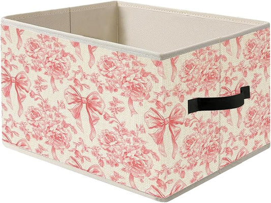 Coquette Pink Bow Peony Floral Storage Bin Box with Handles, Grandmillennial French Country Pink Flower Foldable Organizer Basket Toybox for Girls Dorm Bedroom Bathroom Clothes Toys Books