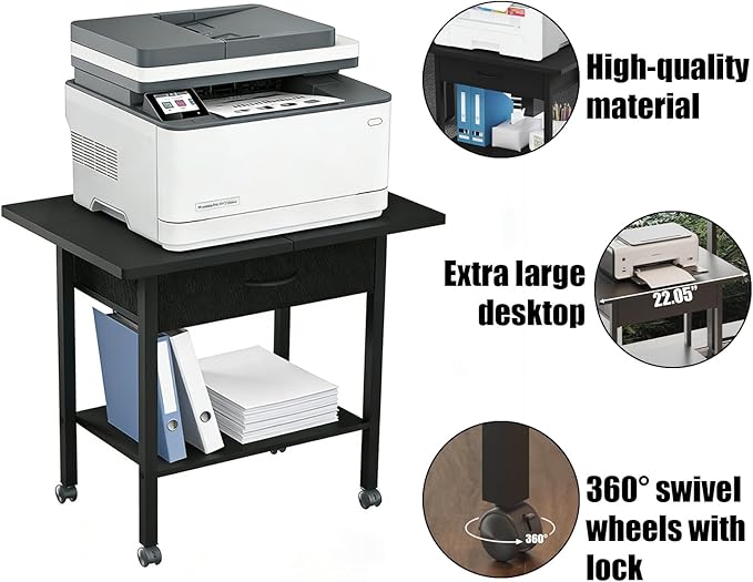 Large 22" x 15" Under Desk Printer Stand, 2-Tier Shelf Printer Table with Storage Fabric Drawer and Wheels, Rolling Cart for Home Office Fits 3D Printer, Scanner (Black)