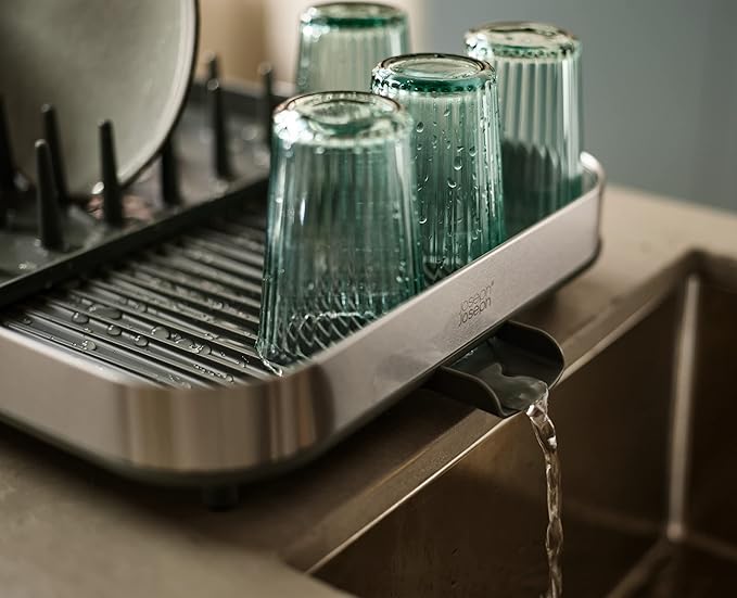 Joseph Joseph Duo Expanding Dish Drying Rack with Removable Silverware Holder, Draining Spout, Stainless Steel