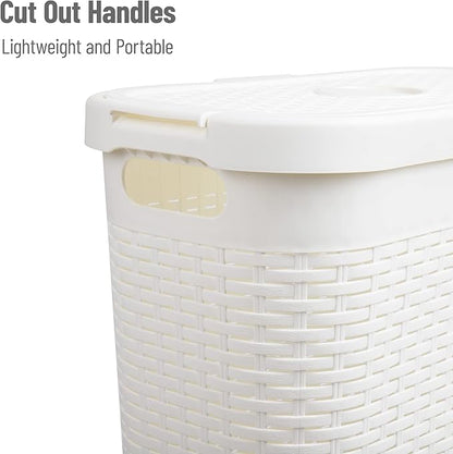 Mind Reader Slim Laundry Hamper with Lid, 40L Clothes Basket, Premium Wicker Design, Plastic, White
