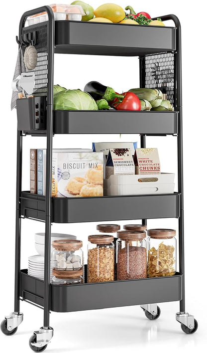 TOOLF 4 Tier Rolling Cart with Pegboard, Metal Storage Organizer Cart with Wheels, Hooks & Bins Esthetician Craft Art Sturdy Storage for Bathroom, Kitchen, Office, Nursery Diaper