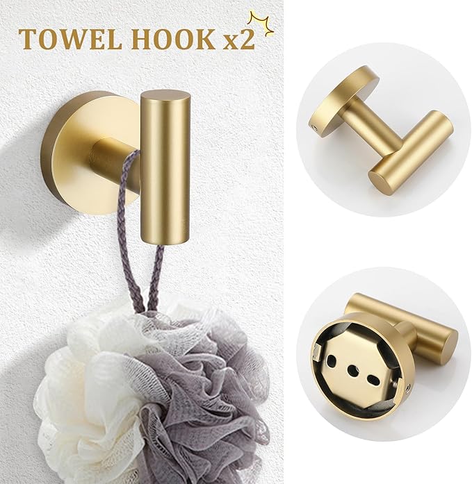 TURS Brushed Gold 8 Piece Bathroom Hardware Set, SUS304 Stainless Steel 24 Inch and 20 Inch Bath Towel Bar Set, Round Bathroom Accessories Kit Wall Mounted