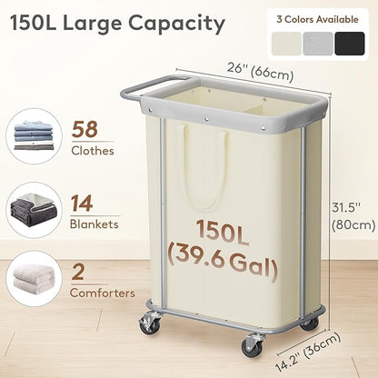 Lifewit 150L Large Laundry Basket with Wheels, Tall 2 Section Laundry Hamper Organizer, Rolling Laundry Cart with Steel Frame & Removable Bag for Luandry Room Bathroom Bedroom, White