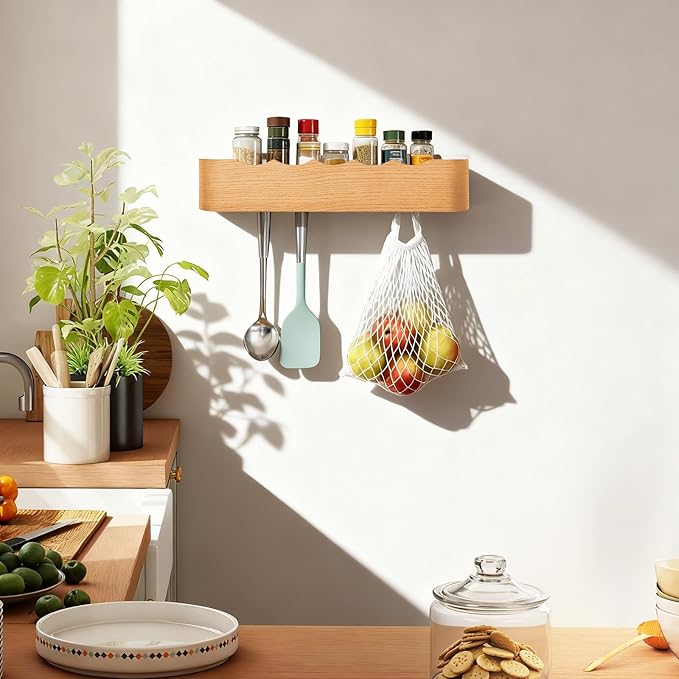 Wall Coat Rack Floating Shelves Modern Coat Rack Wall Mount with Storage Entryway Shelf Wooden Hanger 20 Inch 4 Hidden Metal Hooks for Living Room Bedroom (Wavy Oak, 5 Hooks)