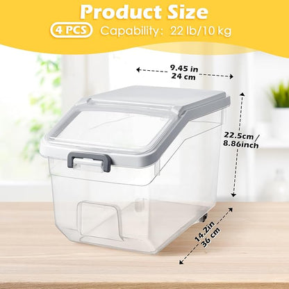 Sunnyray 4 Pcs Rice Storage Container 22 lb Airtight Flour Container with Wheels Measuring Cup Clear Pet Food Cube Dog Cat Birds Food Bin Grain Cereal Organizer Box for Dry Baking Supplies(White Lid)