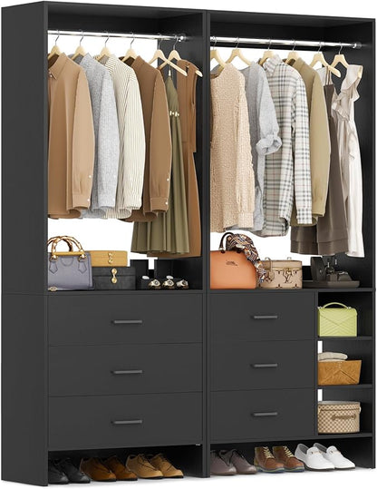 Aheaplus Closet System with 6 Drawers, 4.5ft Wood Closet Organizer System, Walk-in Closet or Small Closets Wardrobe, Clothes Rack with Hanging Rods, Set of 2 Black