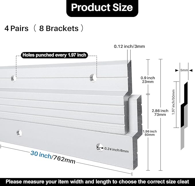 French Cleat Hanger 30 inch - 4 Pairs Heavy Duty Aluminum Alloy Picture Hanging Kit Z Bar Clips Wall Mounting 200 lbs Load Interlocking Brackets Mirror Hanging Hardware Frame Hanger