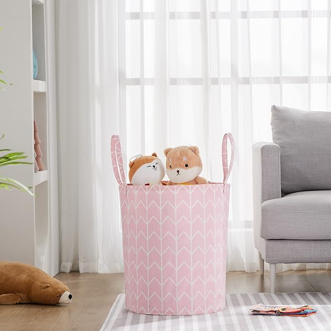 Large Storage Basket for Girls and Boys, Collapsible Laundry Hamper with Long Handles, Toy Bins for Nursery, Kids Room Décor Pink Geometry