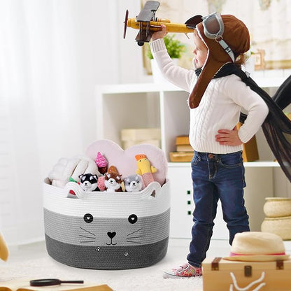 Zopeal Cat Basket Storage Woven Organizer with Ears Easter Decorative Gift Pet Toy Cute Cotton Rope Basket for Gift Cat Dog Toy Bin Nursery Room(21.7 x 13.8 Inch,White, Light Gray and Gray)