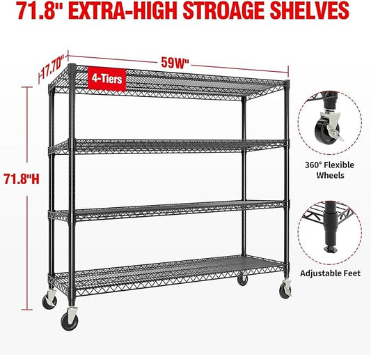 4-Tier Metal Storage Shelving Unit, 2640 Lbs Load Capacity Heavy-Duty Shelf Organizer, Adjustable Wire Rack Shelves for Garage, Pantry & Kitchen, 71.8" h x 59" w x 17.7" d