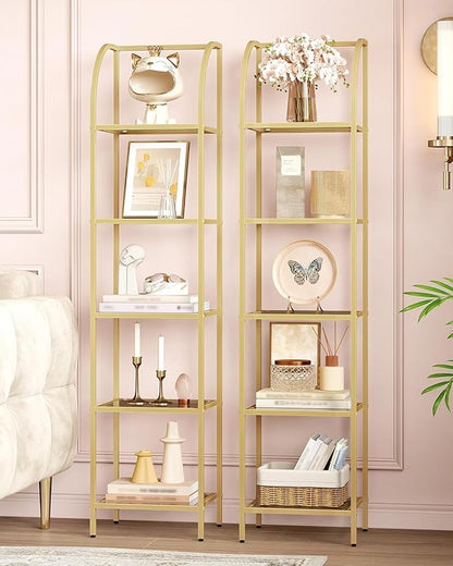 Bookcase Bookshelf, Tempered Glass Arched Bookshelf for More Storage, Slim Shelving Unit for Bedroom, Bathroom, Home Office, Steel Frame, 5 Tier Gold BC20599G