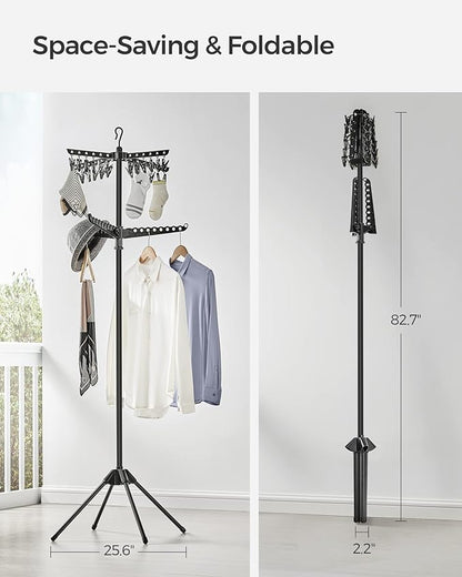 SONGMICS 2-Tier Clothes Drying Rack, 72-Inch Folding Laundry Drying Rack with 3 Rotatable Arms for Hangers, 24 Clips, Stainless Steel, for 27 Pieces of Clothes, Black ULLR512B01