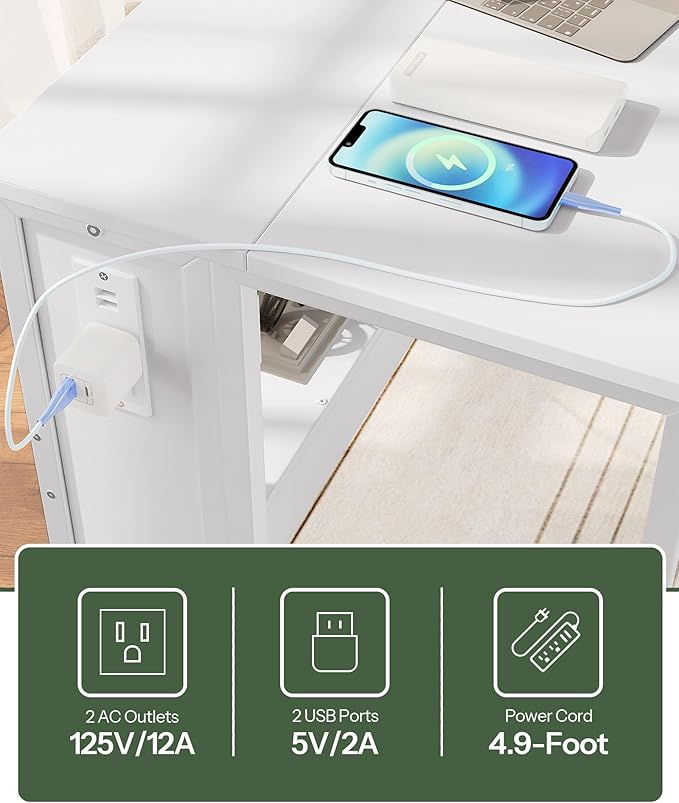 31.5" Modern White Folding Computer Desk with Power Outlets, Wheels, Storage, Perfect for Small Spaces White TDN01UWB
