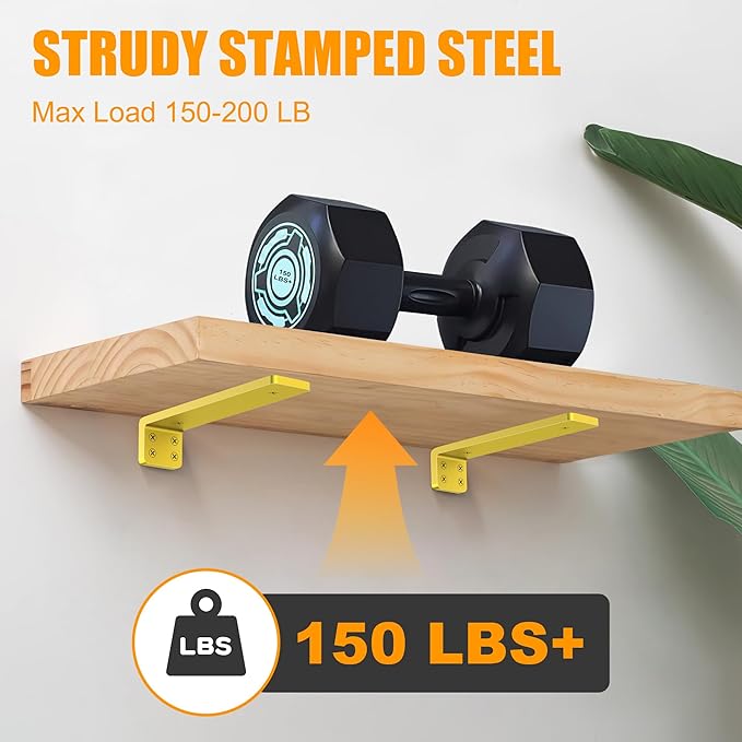 Gold Floating Shelf Brackets 8 inch, Heavy Duty Wall Shelf Bracket 8 Pack for Shelves Support, Hidden Metal L Brackets with Mounting Hardware (1/5'' Thick)