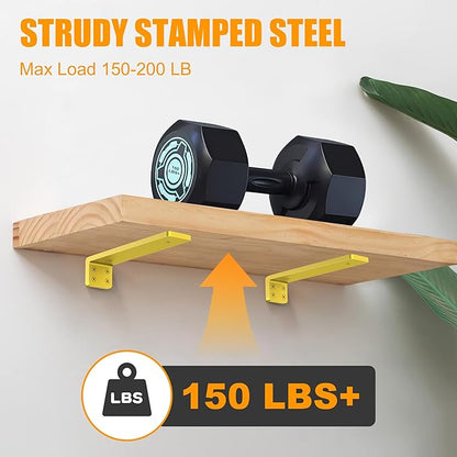 Gold Floating Shelf Brackets 6 inch, Heavy Duty Wall Shelf Bracket 8 Pack for Shelves Support, Hidden Metal L Brackets with Mounting Hardware (1/5'' Thick)