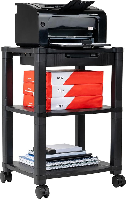 Mind Reader Rolling Printer Cart, Utility Cart, Printer Stand, Desk Storage, Office, 17.25"L x 13.5"W x 24.5"H, 3-Tier, Black