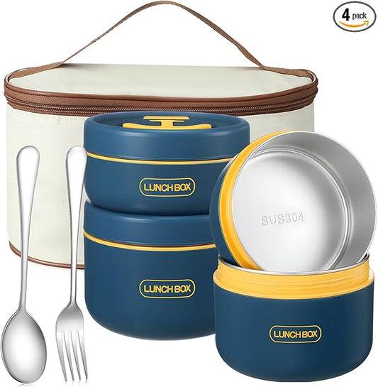 Dandat 4 Pcs Insulated Bento Box Portable Stainless Steel Food Container Round Stackable Leakproof Thermal Food Container for Adult Men Women with Insulated Bag, 74 oz(Royal Blue)