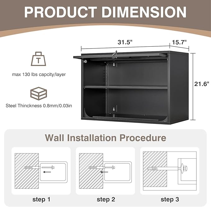 Metal Wall Cabinet with Locking Door and Shelf, Hanging Garage Cabinets with Up-Flip Doors for Garage, Warehouse, Home, Office, Assembly Required (Black, One Cabinet)