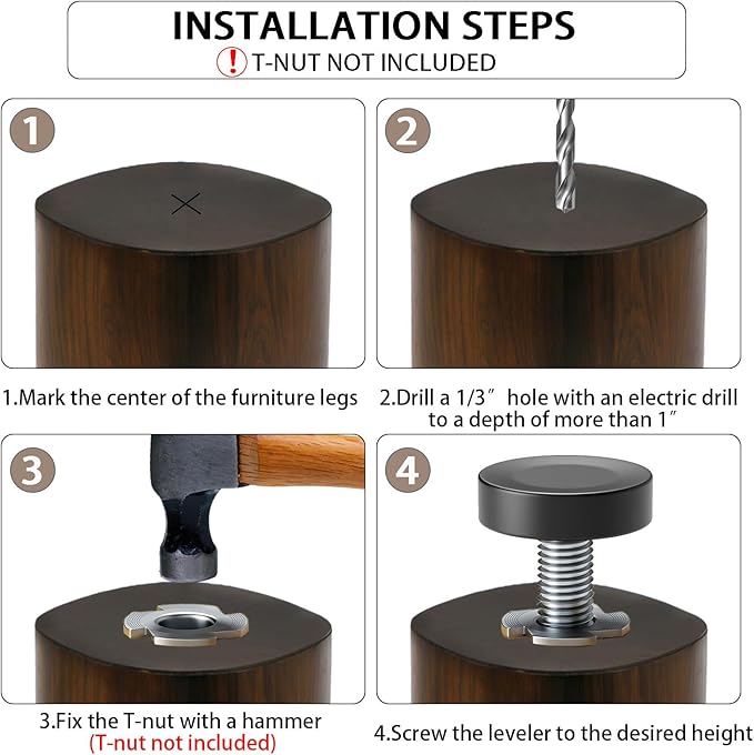 1/4" Thread Leveling Feet, 8 PCS Furniture Levelers, Adjustable Furniture Feet Threaded Screw in, Table Levelers for Adjusting Individual Dresser Legs