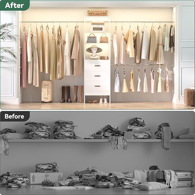 96'' Closet Organizer System with 3 Hanging Rods, 8FT Closet Organizers and Storage with 3 Wooden Drawers, Built in Closet Organizer Systems, Adjustable Walk-in Wardrobe from 5-8FT, White