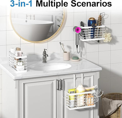 Hair Tool Organizer, 2026 Upgraded 3-in-1 Universal Hair Dryer Holder, Adjustable Height Metal Blow Dryer Holder Wall Mounted/Over Cabinet Door, Bathroom Organizer and Storage(White)