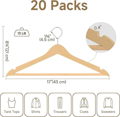 StorageWorks Clothes Hangers, Wooden Hangers 20 Pack for Closet, Wood Hangers for Coats, Shirts, Jackets, Pants, Suits, Natural Wood Color