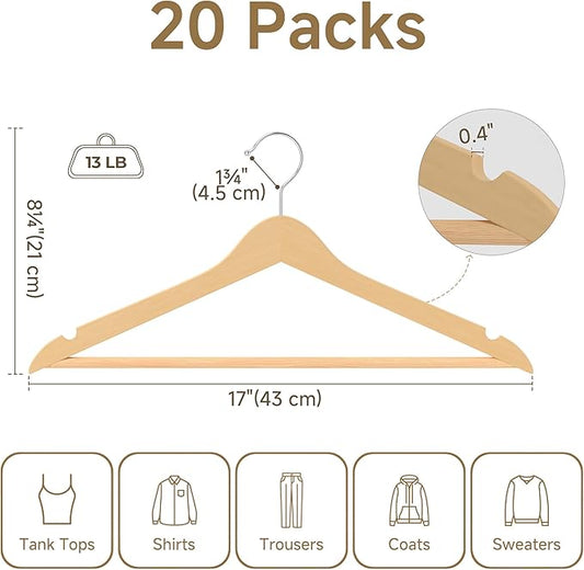 StorageWorks Clothes Hangers, Wooden Hangers 20 Pack for Closet, Wood Hangers for Coats, Shirts, Jackets, Pants, Suits, Natural Wood Color