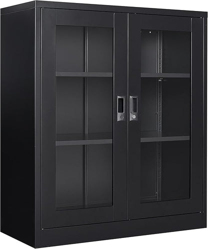 SISESOL Black Metal Storage Cabinet with Doors and Shelves,36 inch Locking Display Cabinet with Acrylic Doors,Office Cabinets with Lock,Sideboard Cabinets for Home Office,Living/Dining/Utility Room,