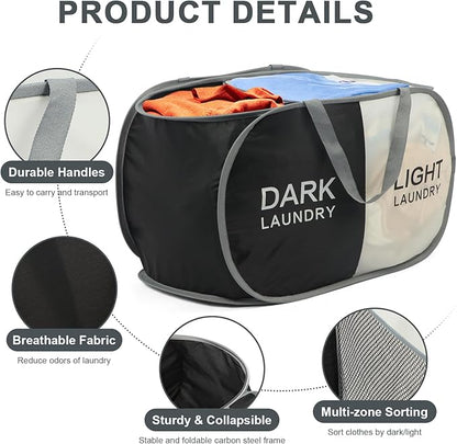 Seefoo Dual Compartment Laundry Hamper with Handles, Collapsible Laundry Baskets 2-Section, Dark/Light Labeled Storage Foldable Clothes Hamper for Laundry, Portable for Small Spaces, Apartment, Dorm