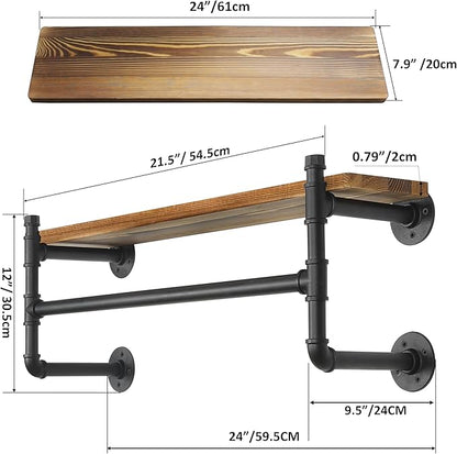 WEBI Wall Mounted Clothes Rack with Shelf,24" Industrial Pipe Clothing Rack with Shelves,Heavy Duty Iron Garment Bar,Retail Display Clothes Rod for Laundry Room,Black