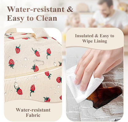 Lunch Box for Women, Cute Strawberry Corduroy Insulated Lunch Bag Women Reusable Work Leakproof Simple Adults Large Lunch Boxes Tote Bag Men Cooler Bag