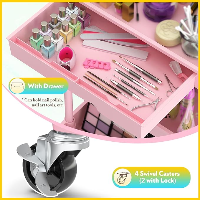 Makeup Cart Organizer with Drawers, Floor Skincare Organizers Vanity Storage Organizer, Rolling Makeup Bathroom Storage Cart Cosmetics Display Cases for Skin Care Perfume Nail Polish, Pink