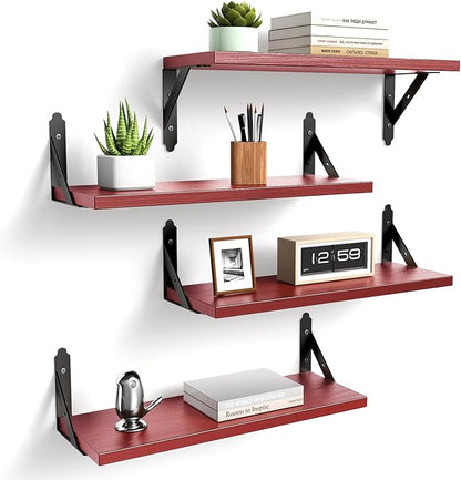 Wood Floating Shelves Set of 4, Rustic Storage Decor Wall Shelves, Wall Mounted Shelf for Living Room, Bedroom 17" x 6", Red