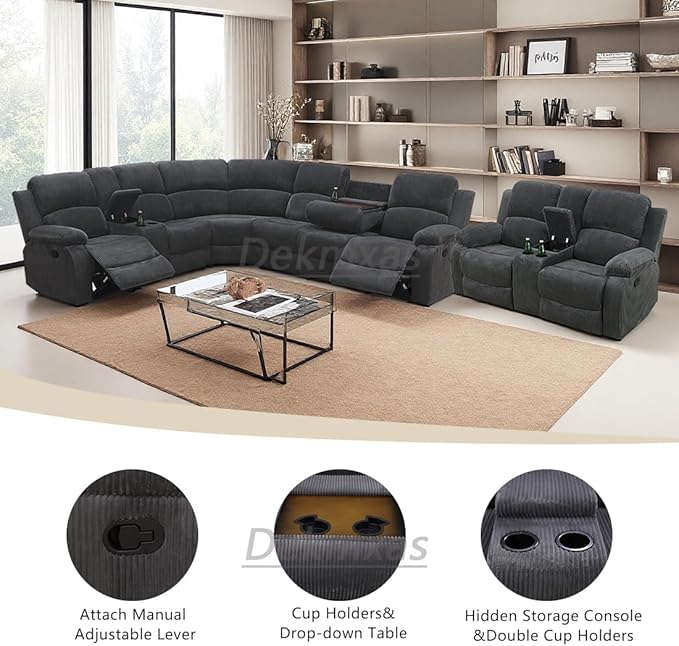 Manual Reclining Sectional Sofa with Drop-Down Table, Living Room Furniture Sets, Recliner Sectional Sofa Set Grey Corduroy with 4 Recliner Seats,Cup Holders,Storage Console for Living Room