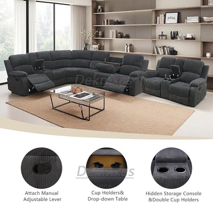 Manual Reclining Sectional Sofa with Drop-Down Table, Living Room Furniture Sets, Recliner Sectional Sofa Set Grey Corduroy with 4 Recliner Seats,Cup Holders,Storage Console for Living Room