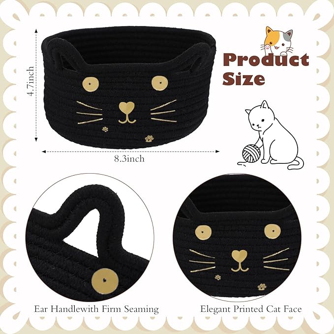 Zopeal Cat Basket Storage Woven Organizer with Ears Easter Decorative Gift Pet Toy Cute Cotton Rope Basket for Gift Cat Dog Toy Bin Nursery Room(8.3 x 4.7 Inch,Black)