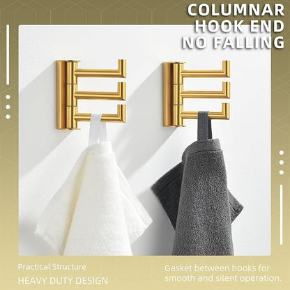 Angle Simple Towel Hooks Swivel, 304 Stainless Steel 3 Arms Foldable Hand Towel Holder, Coat Hooks, Brushed Dark Gold, 2 Pack