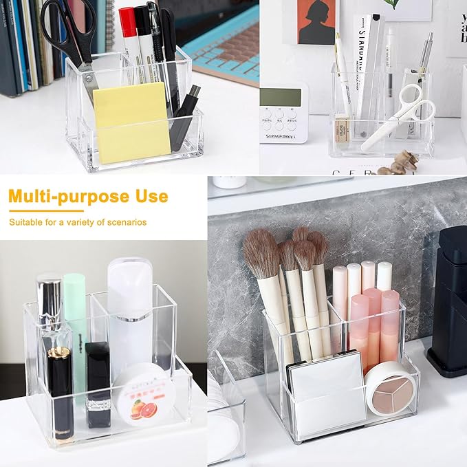 Clear Acrylic Makeup Brush Organizer,Multi-Purpose Cosmetic Brushes Storage Holder with 3 Slots,Pencil Pen Holder for Desk,Desk Organizer and Accessories for Vanity