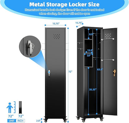 Broom Closet Storage Cabinet, 72" H Garage Storage Cabinet with Wheels, Lockable Door and Hooks for Garage Cleaning Supplies Broom Mops, Black, Assembly Required