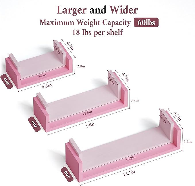 SRIWATANA Floating Shelves Wall Mounted, Solid Wood Wall Shelves, Pink