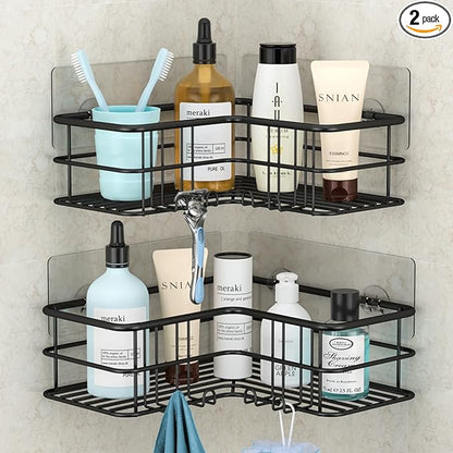 Menbyci Black Shower Caddy Corner Bathroom Shower Shelf, Rust Proof Bathroom Organizer Accessories, Adhesive Shower Basket Storage Rack Shampoo Holder Wall Organization, 2 Pack