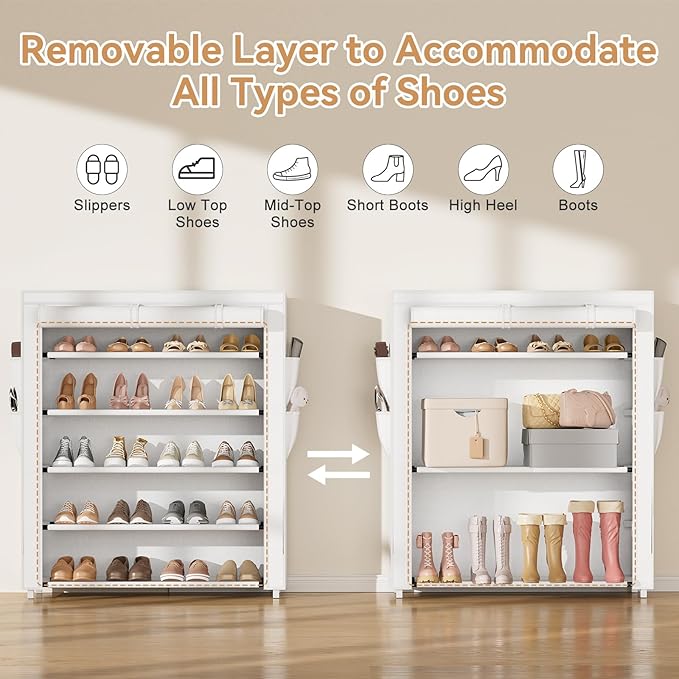 Shoe Rack with Cover, 5 Tier Shoe Organizer Storage for 20-24 Pair Shoes and Boots Large Shoe Storage Shelf Space Saving Vertical Shoe Rack for Closet, Front Door Entrance, Dorm, Garage, White