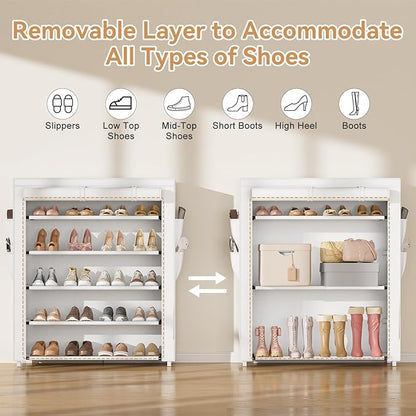 Shoe Rack with Cover, 5 Tier Shoe Organizer Storage for 20-24 Pair Shoes and Boots Large Shoe Storage Shelf Space Saving Vertical Shoe Rack for Closet, Front Door Entrance, Dorm, Garage, White
