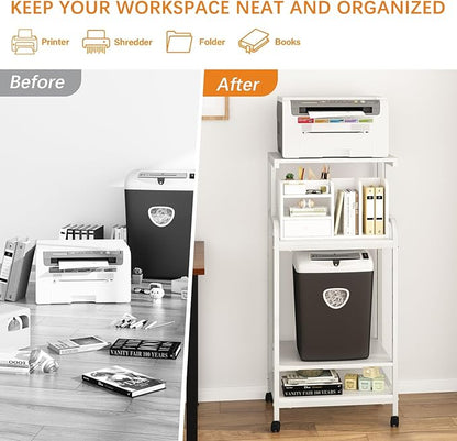 4-Tier Printer Stand with Storage Shelf, Mobile Printer Table for Home Office, Adjustable Stand for Printer, Scanner, Fax (White)